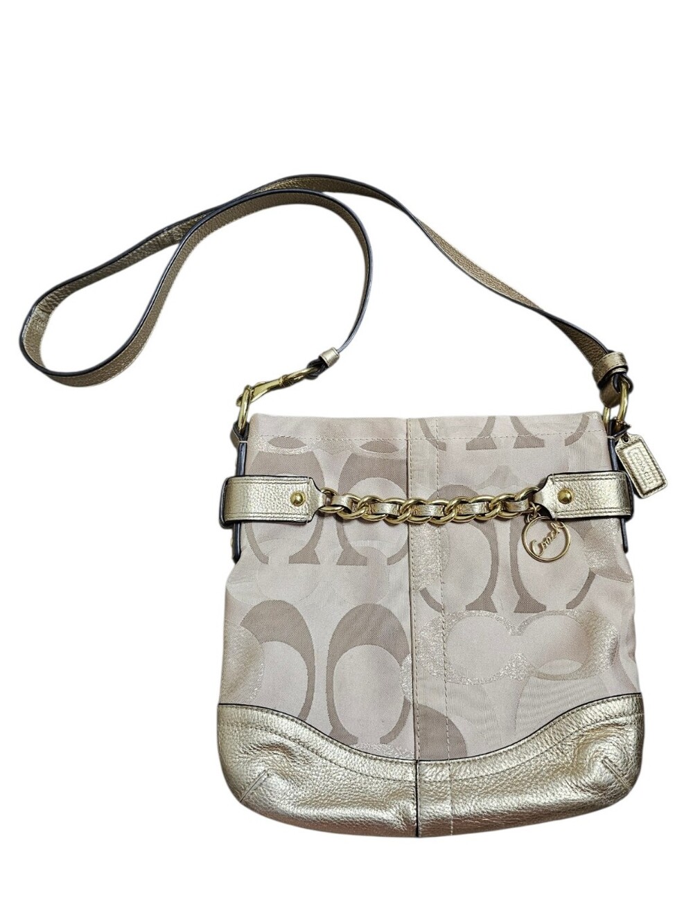 Y2k Coach F19820 Signature Metallic Canvas Gold Leather Hobo Shoulder Bag Medium
